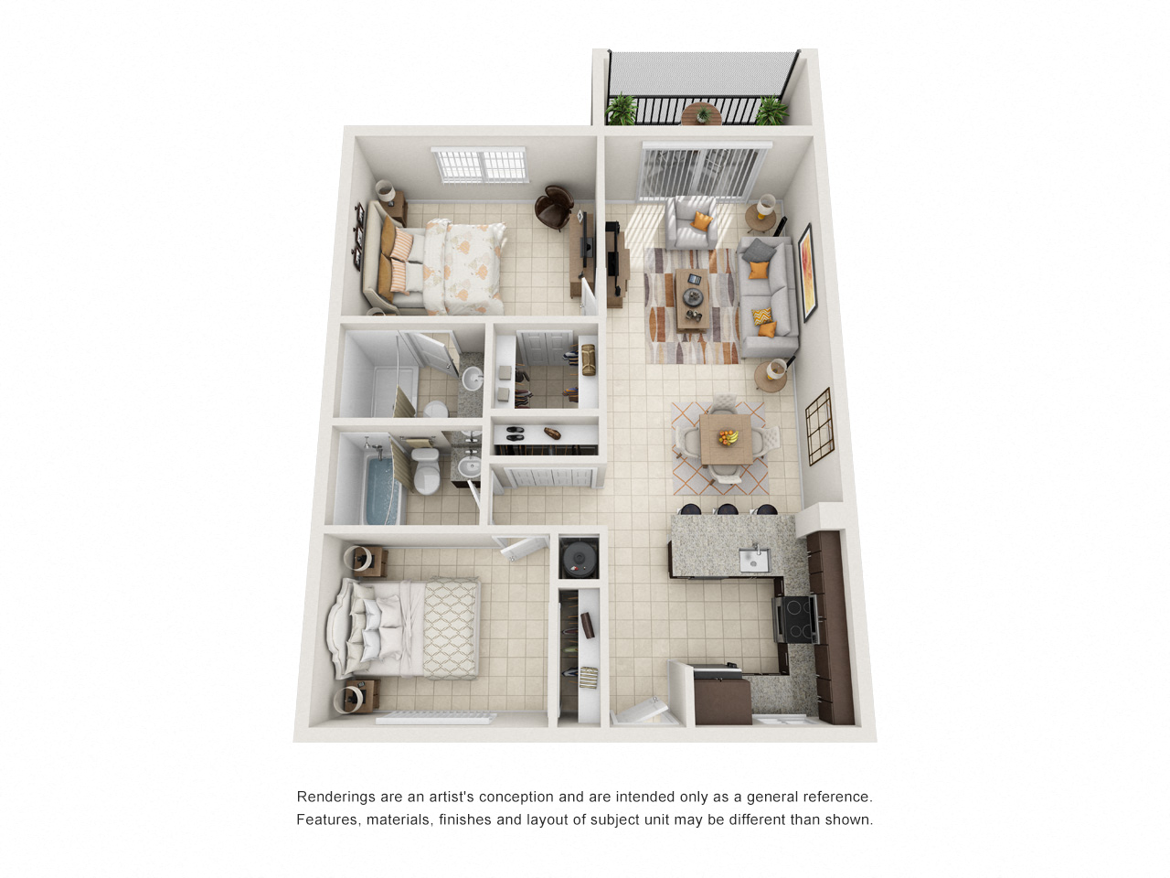 Floor plan for 2 beds, 2 baths, 955 sqft